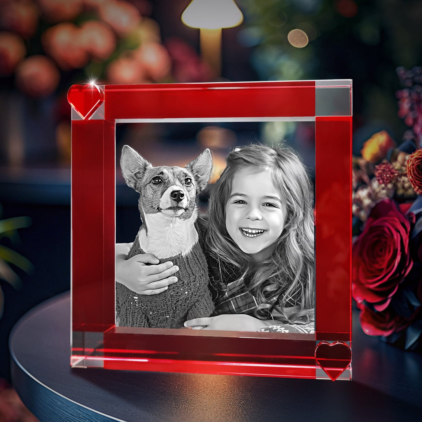 custom 3D laser engraved crystal frame with red hearts 