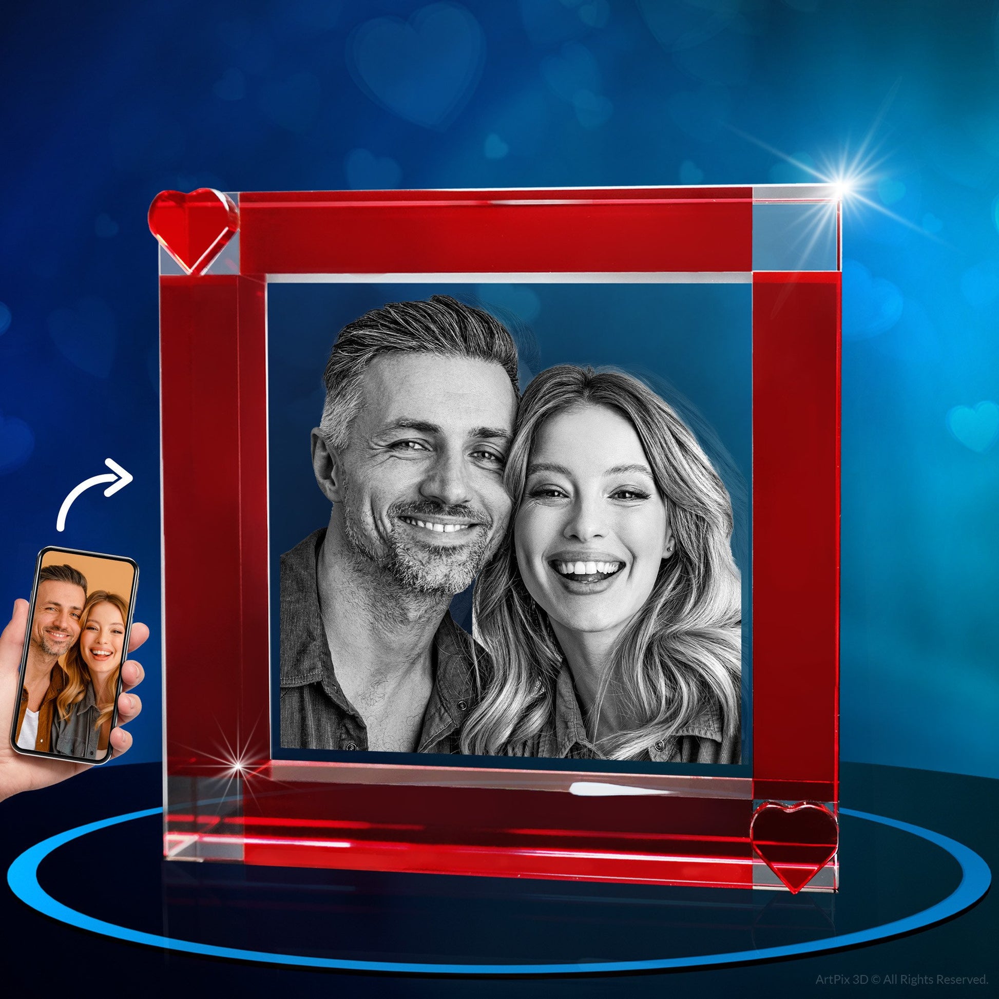 custom 3D laser engraved crystal frame with red hearts 