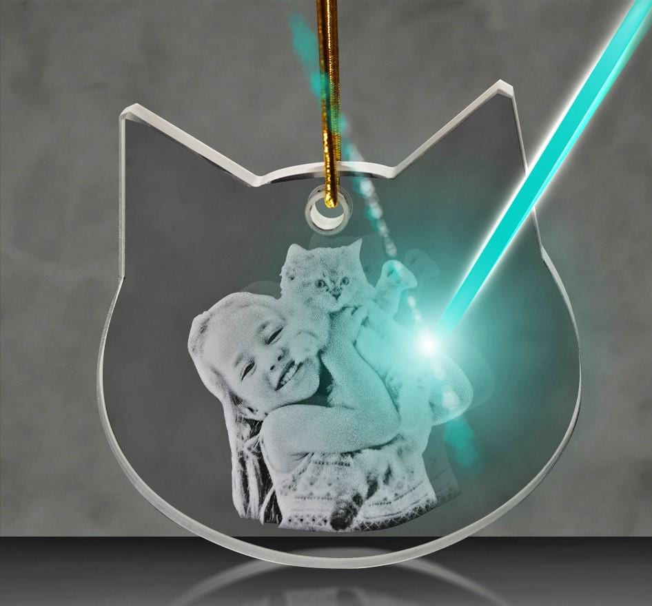 custom laser engraved 3d crystal cat shaped christmas ornament