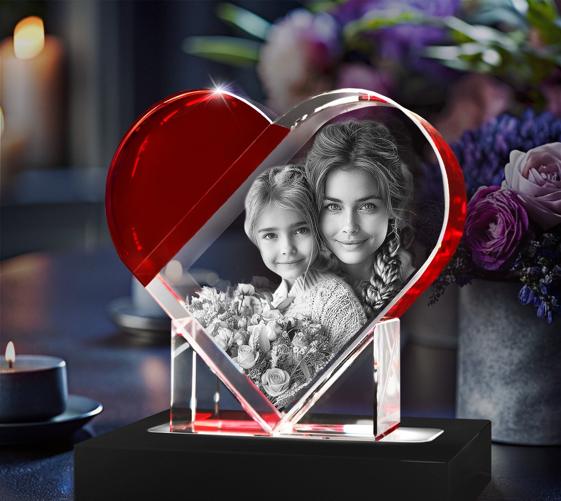 laser engraved 3d crystal heart red accent