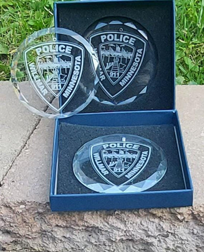 custom laser engraved crystal christmas ornament willmar police department 