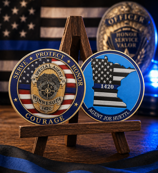 full color challenge coin agent huettl bca first responder design with badge and blue line state of minnesota