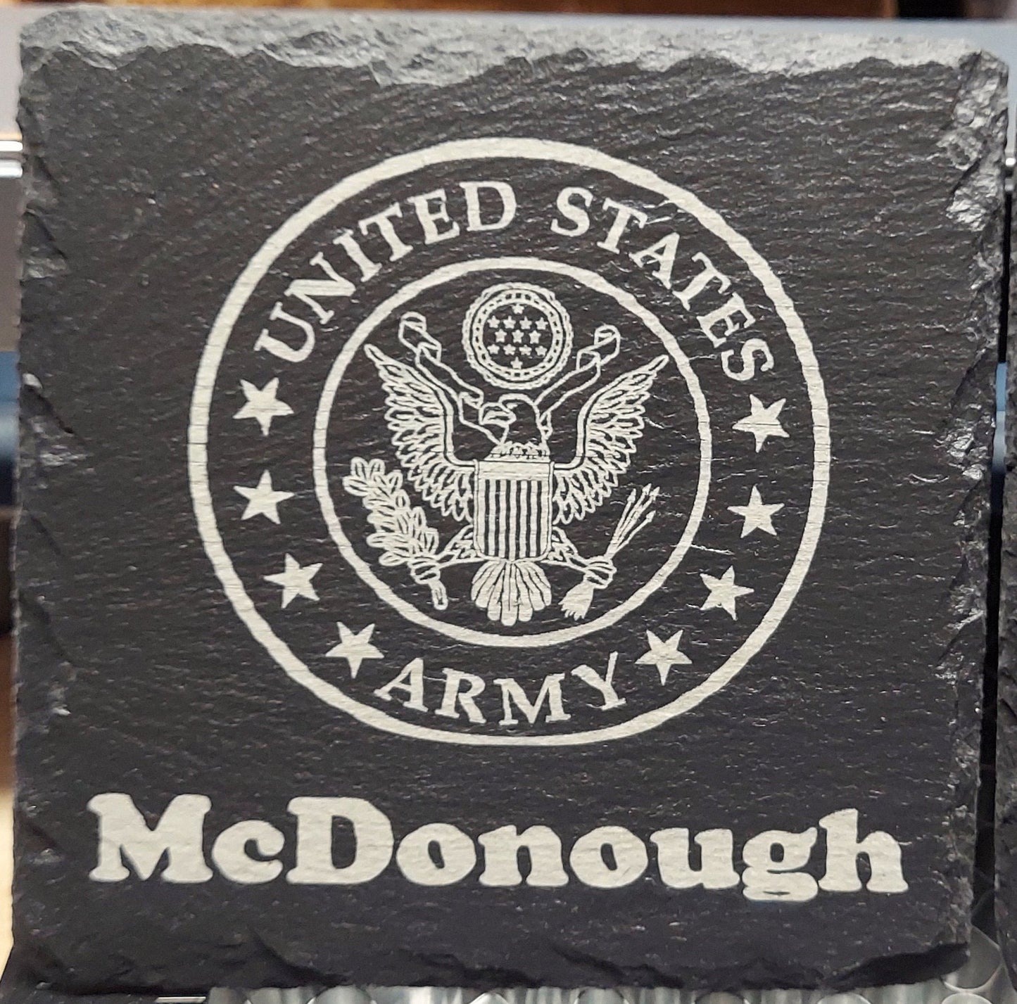 Custom Military laser engraved slate coaster set - Army, Marines, Navy, Coast Guard, Veteran, National Guard - (Set of 4)