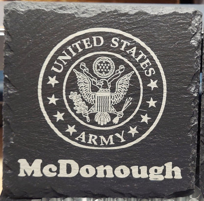 Custom Military laser engraved slate coaster set - Army, Marines, Navy, Coast Guard, Veteran, National Guard - (Set of 4)