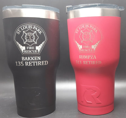 Custom Firefighter laser engraved tumbler - Fireman, Fire Department, First Responder - 20 oz or 30 oz, RTIC  brand with lid