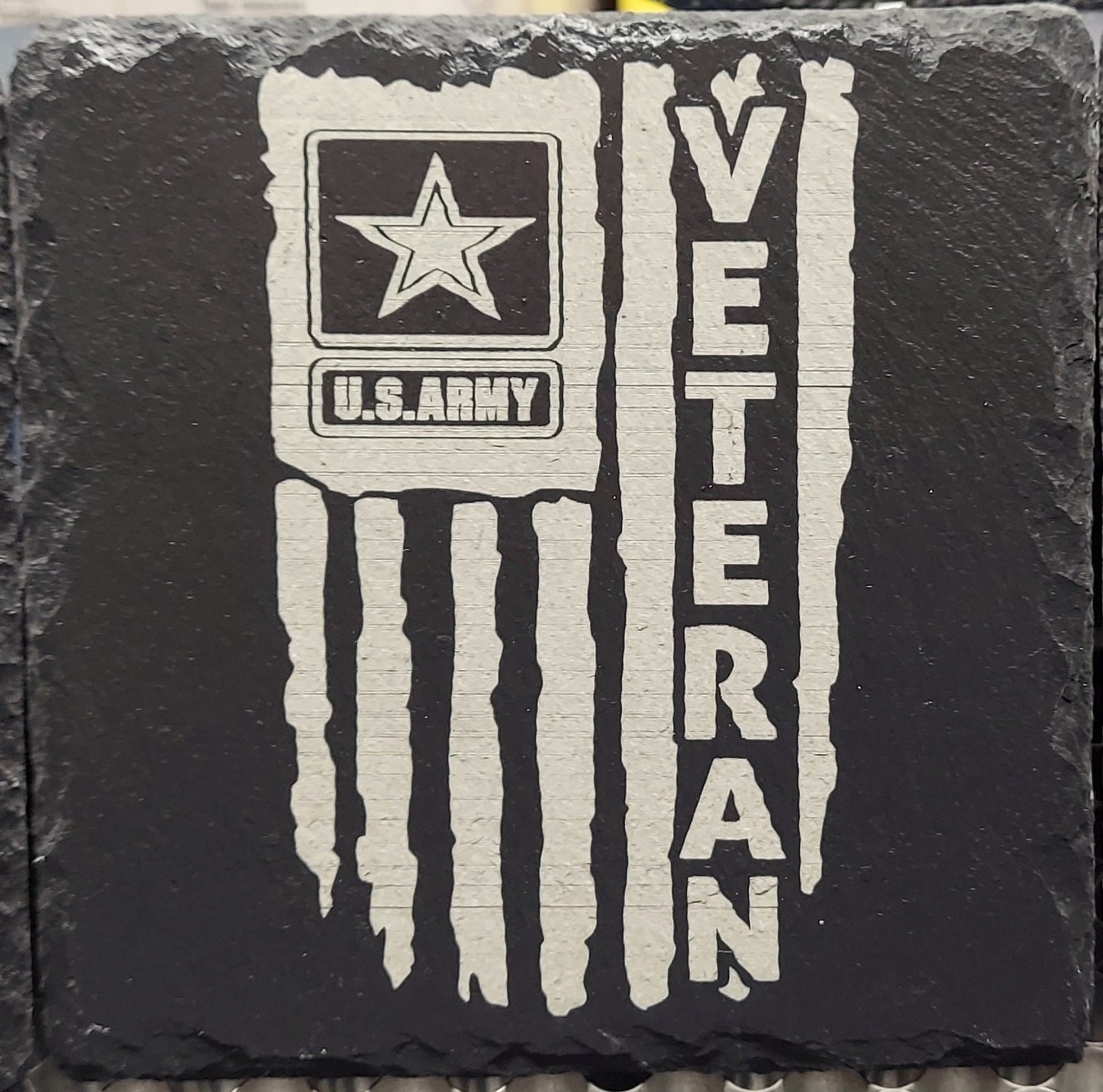 Custom Military laser engraved slate coaster set - Army, Marines, Navy, Coast Guard, Veteran, National Guard - (Set of 4)