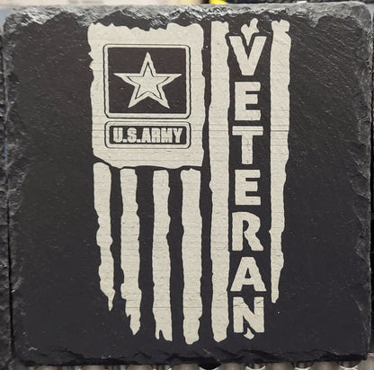 Custom Military laser engraved slate coaster set - Army, Marines, Navy, Coast Guard, Veteran, National Guard - (Set of 4)