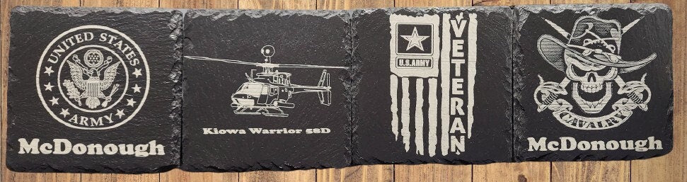 Custom Military laser engraved slate coaster set - Army, Marines, Navy, Coast Guard, Veteran, National Guard - (Set of 4)