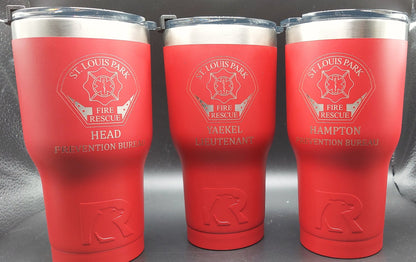 Custom Firefighter laser engraved tumbler - Fireman, Fire Department, First Responder - 20 oz or 30 oz, RTIC  brand with lid