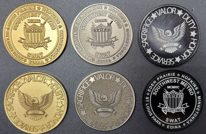 Custom laser engraved brass / stainless steel challenge coin - Police, SWAT, Deputy Sheriff, Trooper, Officer, Law Enforcement Deep Engrave
