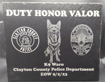 Custom designed Law Enforcement K9 laser engraved slate 12x10 memorial or retirement plaque - Police K9, K9 Memorial Plaque, K9 Retirement