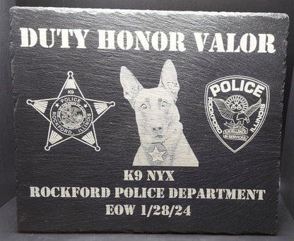 Custom designed Law Enforcement K9 laser engraved slate 12x10 memorial or retirement plaque - Police K9, K9 Memorial Plaque, K9 Retirement