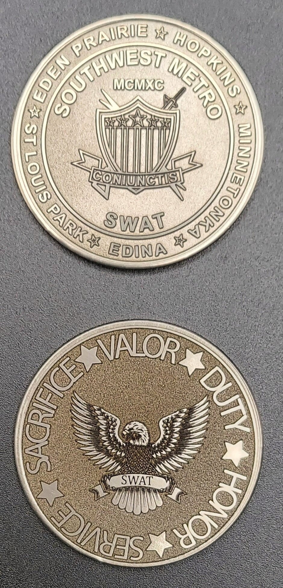 Custom laser engraved brass / stainless steel challenge coin - Police, SWAT, Deputy Sheriff, Trooper, Officer, Law Enforcement Deep Engrave