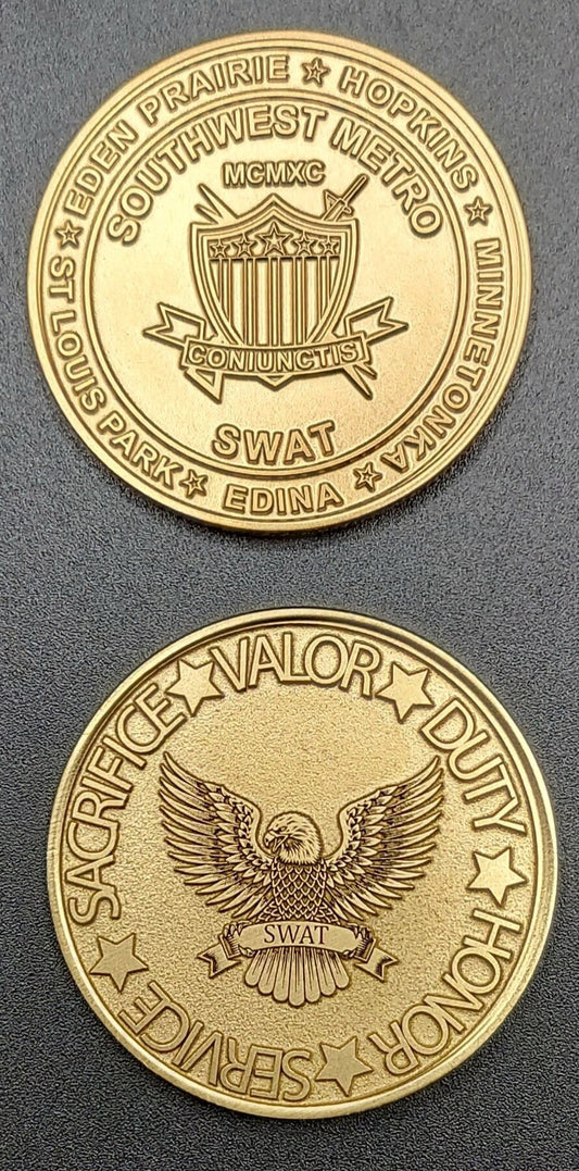 Custom laser engraved brass / stainless steel challenge coin - Police, SWAT, Deputy Sheriff, Trooper, Officer, Law Enforcement Deep Engrave