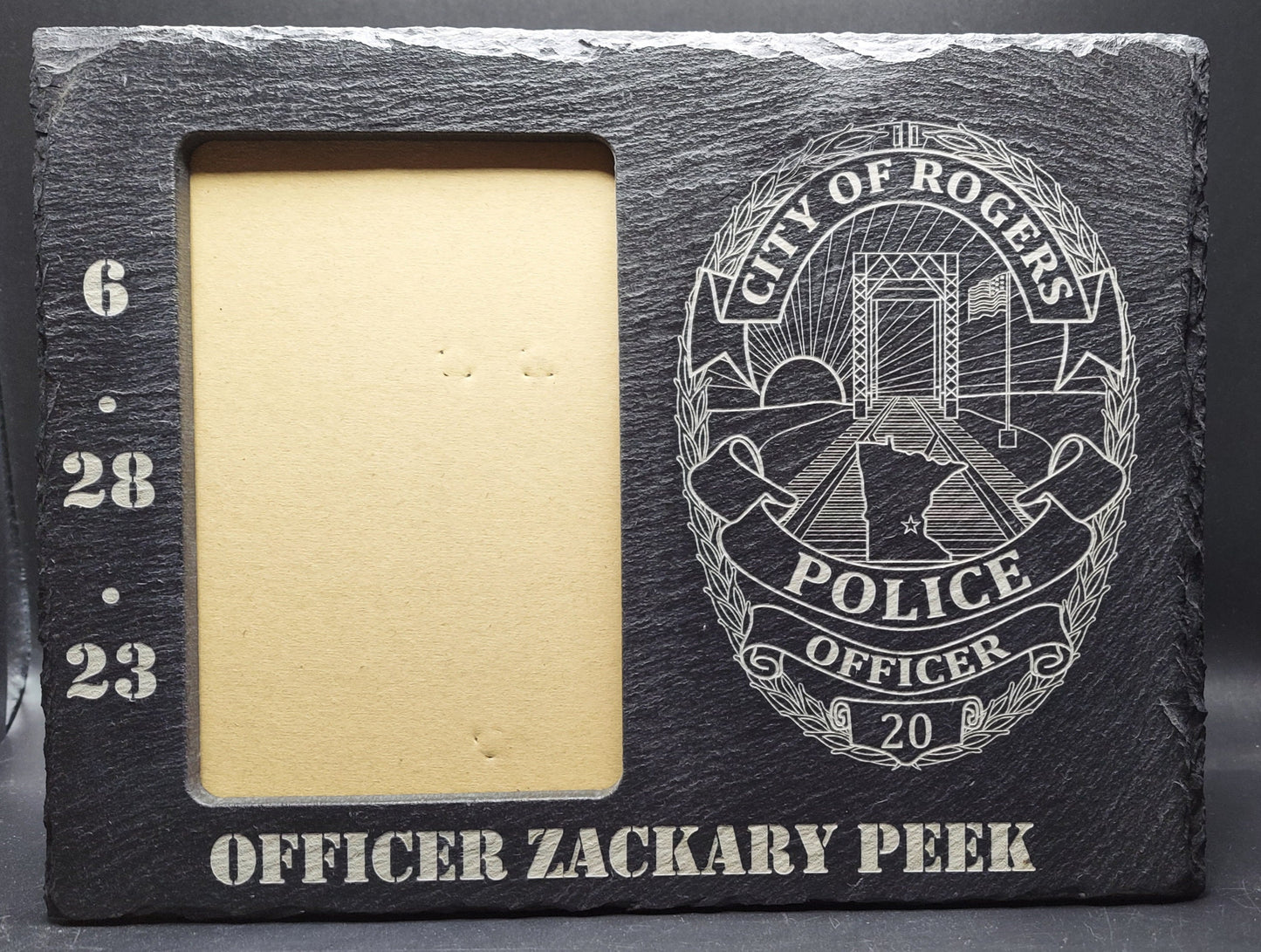 Custom Police Officer designed laser engraved slate frame - holds a 3"x5" photo - Law Enforcement Memorial Plaque, Sheriff Deputy, Trooper