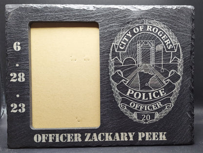 Custom Police Officer designed laser engraved slate frame - holds a 3"x5" photo - Law Enforcement Memorial Plaque, Sheriff Deputy, Trooper