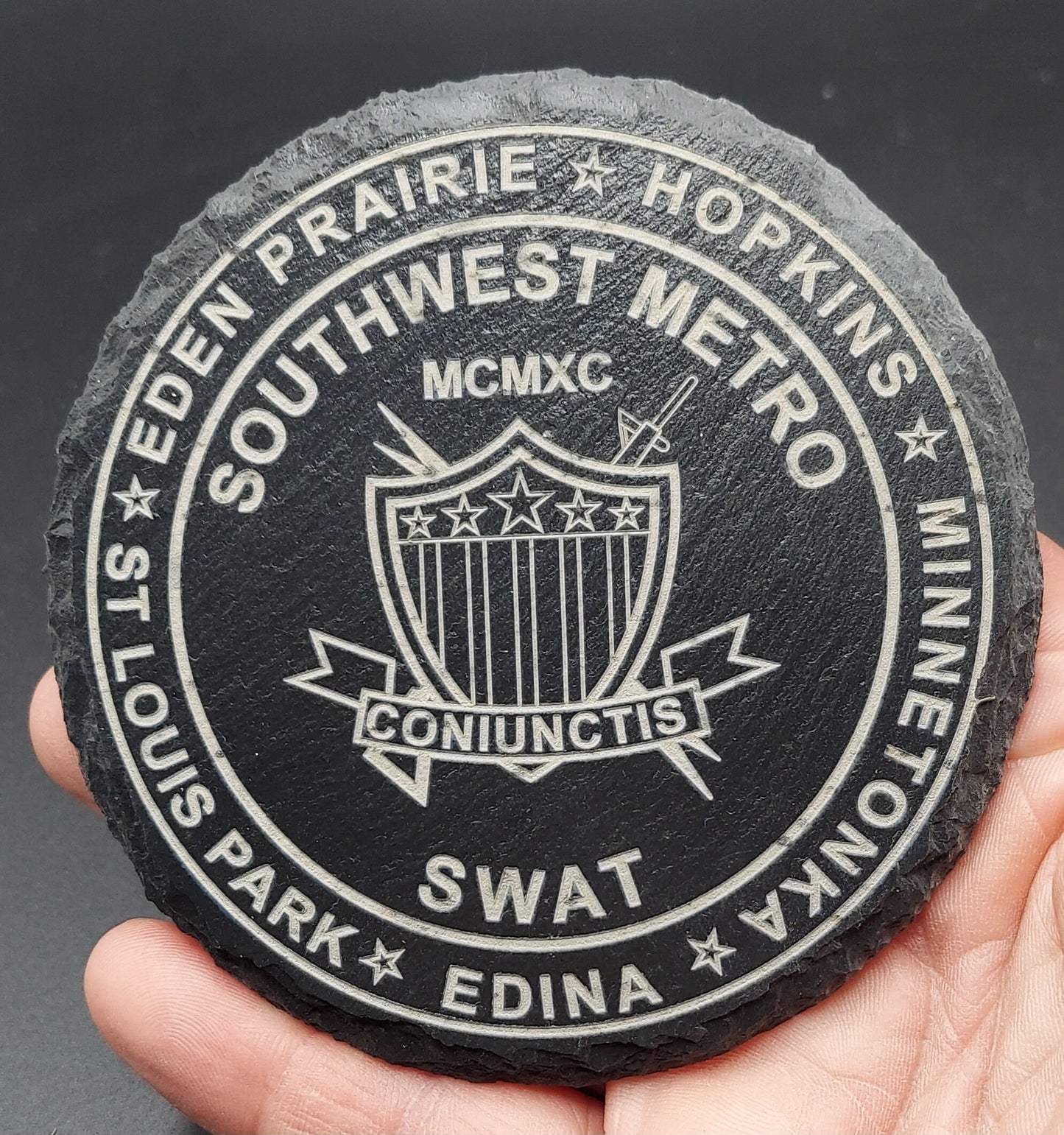 Custom Firefighter laser engraved slate round coaster set - Fire Department, Fire Maltese, First Responder, Medic (Set of 4)