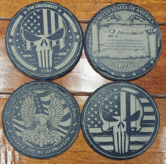 Patriotic 2nd Amendment laser engraved round slate coaster set - Second Amendment, Skull, Flag, 1791, Eagle, Right to Bear Arms (Set of 4)