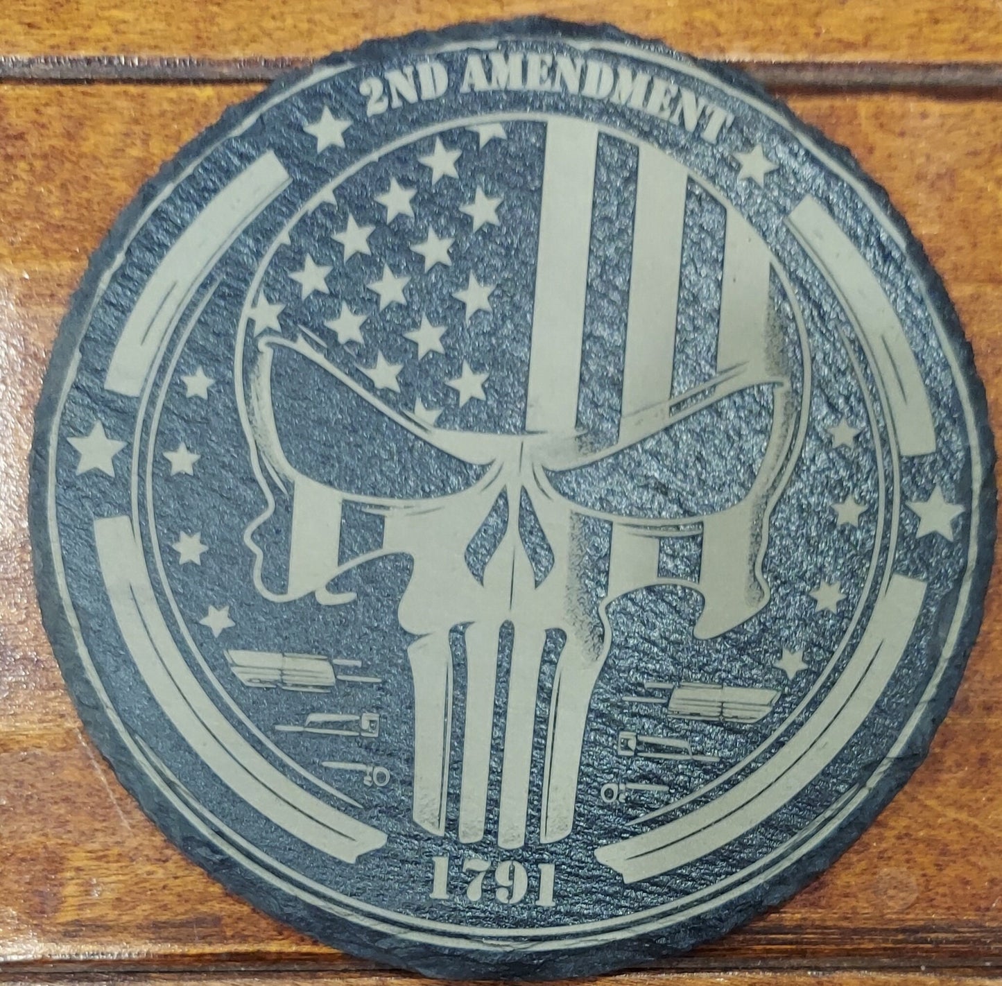 Patriotic 2nd Amendment laser engraved round slate coaster set - Second Amendment, Skull, Flag, 1791, Eagle, Right to Bear Arms (Set of 4)