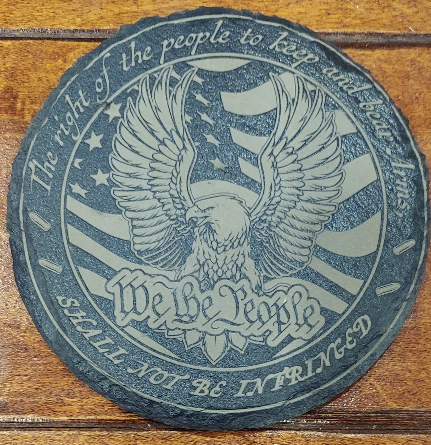 Patriotic 2nd Amendment laser engraved round slate coaster set - Second Amendment, Skull, Flag, 1791, Eagle, Right to Bear Arms (Set of 4)