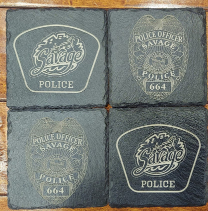 Custom Police Officer Law Enforcement laser engraved slate coaster set - Police, Trooper, Officer, Deputy. Sheriff - (Set of 4)