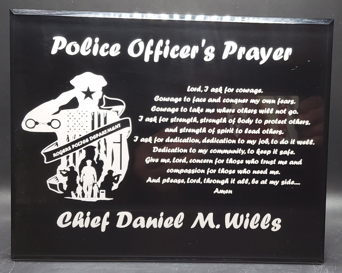 Custom Police Officer's Prayer laser engraved black acrylic photo plaque - Law Enforcement, Sheriff Deputy, Trooper, Patrol Officer - 7"x 9"