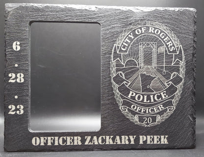 Custom Police Officer designed laser engraved slate frame - holds a 3"x5" photo - Law Enforcement Memorial Plaque, Sheriff Deputy, Trooper
