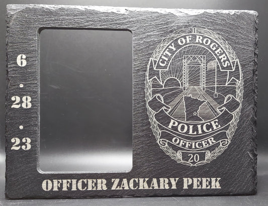 Custom Police Officer designed laser engraved slate frame - holds a 3"x5" photo - Law Enforcement Memorial Plaque, Sheriff Deputy, Trooper
