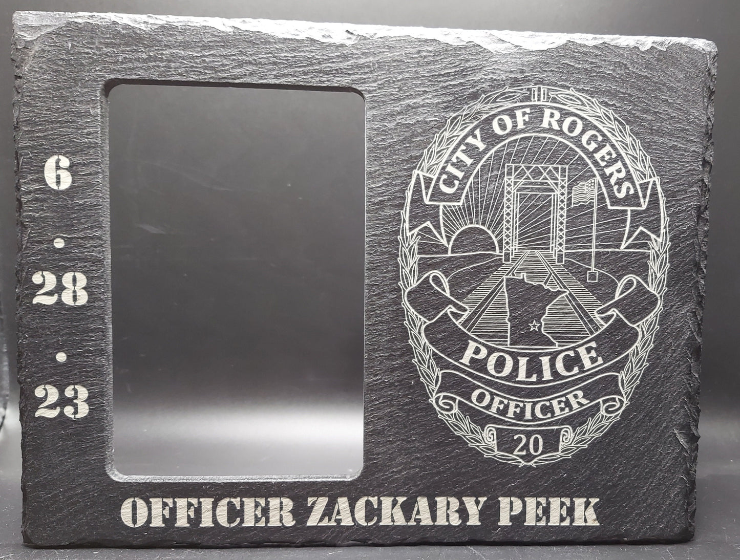 Custom Police Officer designed laser engraved slate frame - holds a 3"x5" photo - Law Enforcement Memorial Plaque, Sheriff Deputy, Trooper