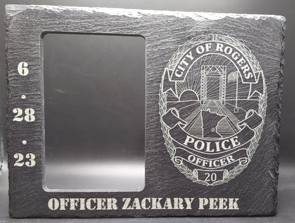 Custom Police Officer designed laser engraved slate frame - holds a 3"x5" photo - Law Enforcement Memorial Plaque, Sheriff Deputy, Trooper