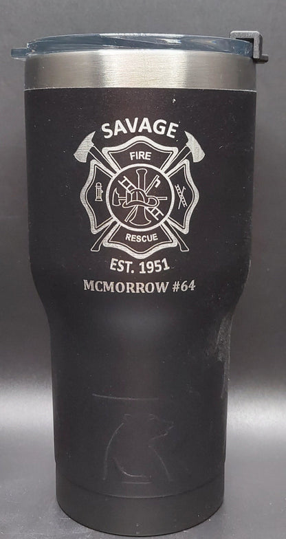 Custom Firefighter laser engraved tumbler - Fireman, Fire Department, First Responder - 20 oz or 30 oz, RTIC  brand with lid