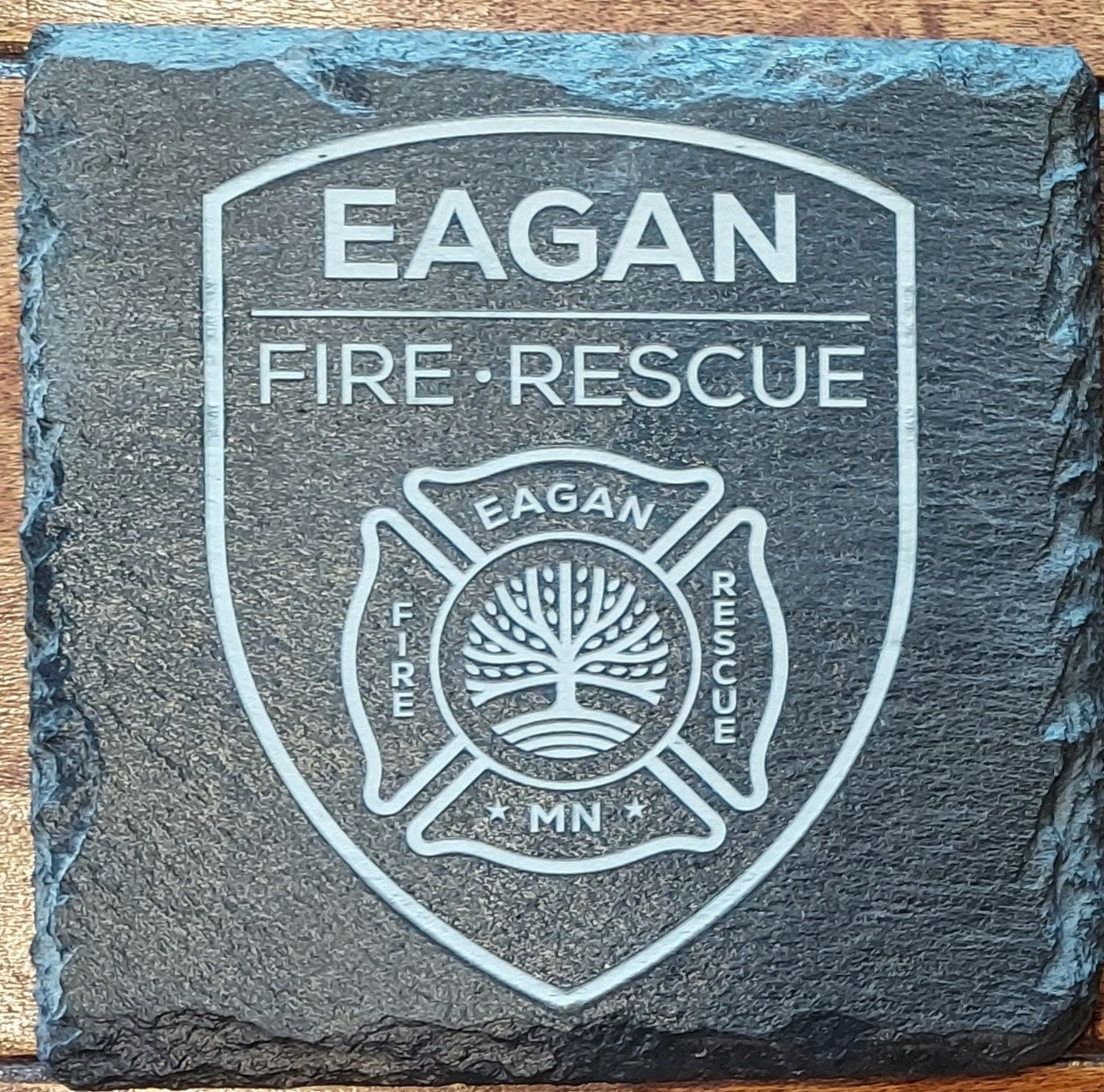 Custom Firefighter laser engraved slate coaster set - Fireman, Firefighter, Fire Maltese, Fire Department Patch, Badge - (Set of 4)