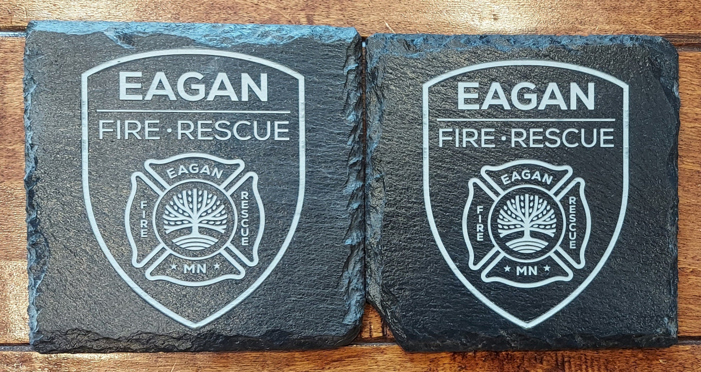 Custom Firefighter laser engraved slate coaster set - Fireman, Firefighter, Fire Maltese, Fire Department Patch, Badge - (Set of 4)