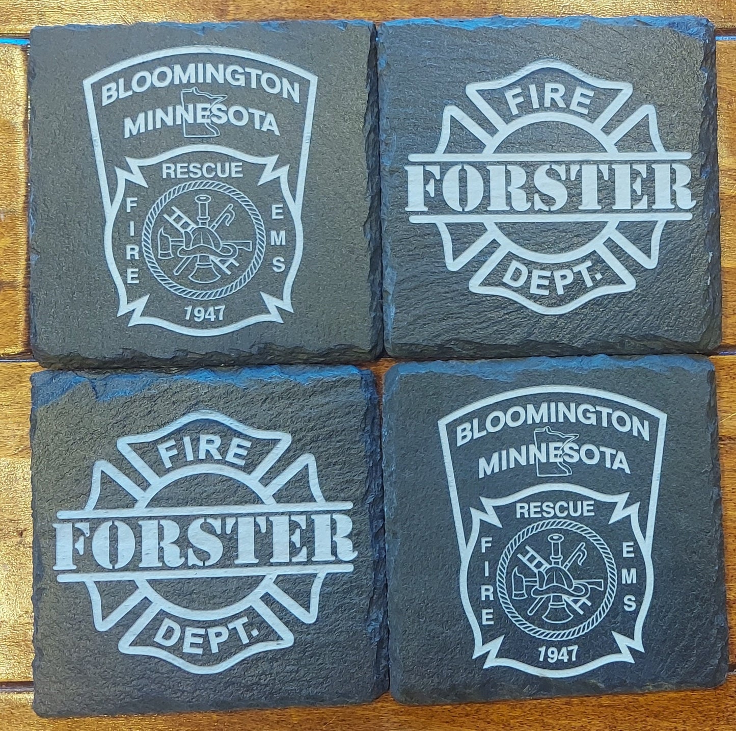 Custom Firefighter laser engraved slate coaster set - Fireman, Firefighter, Fire Maltese, Fire Department Patch, Badge - (Set of 4)