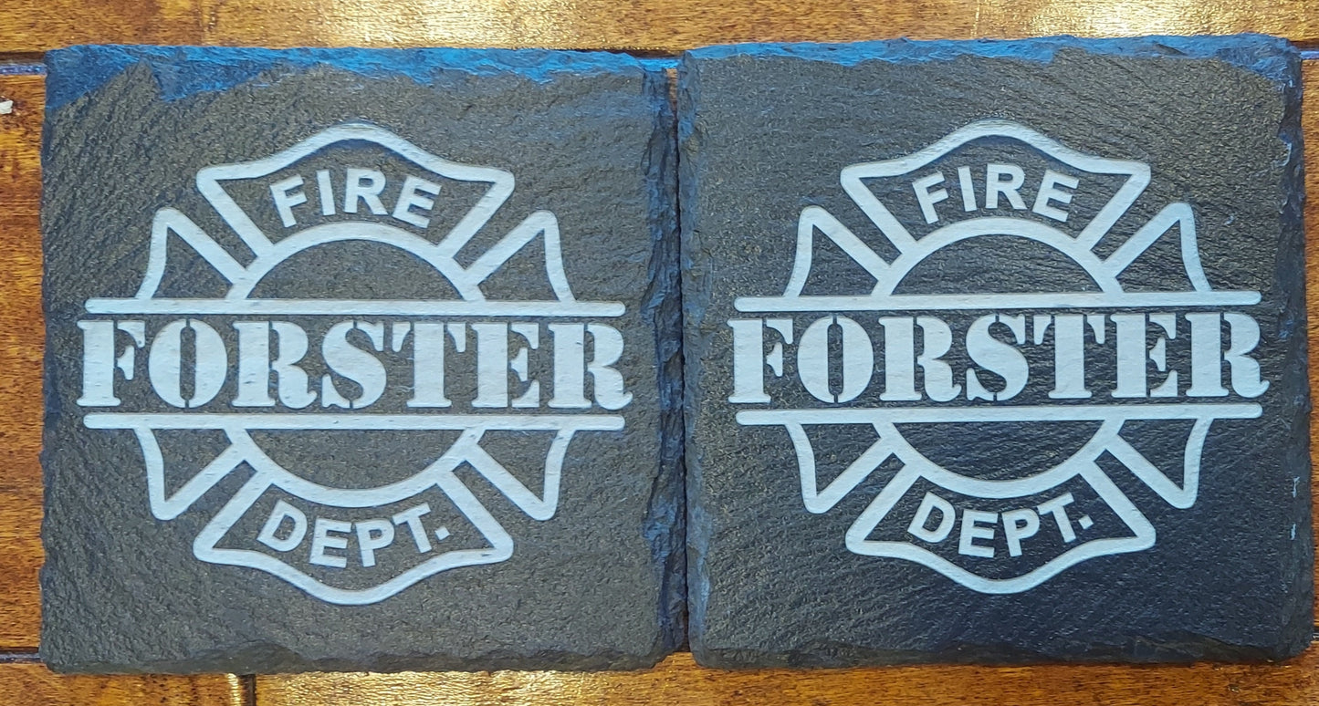 Custom Firefighter laser engraved slate coaster set - Fireman, Firefighter, Fire Maltese, Fire Department Patch, Badge - (Set of 4)