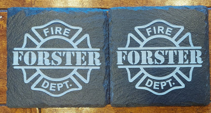 Custom Firefighter laser engraved slate coaster set - Fireman, Firefighter, Fire Maltese, Fire Department Patch, Badge - (Set of 4)
