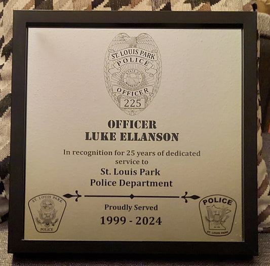 Custom Police Officer or K9 designed laser engraved retirement plaque Law Enforcement, Sheriff Deputy, Trooper, Patrol Officer, 12x12 Framed