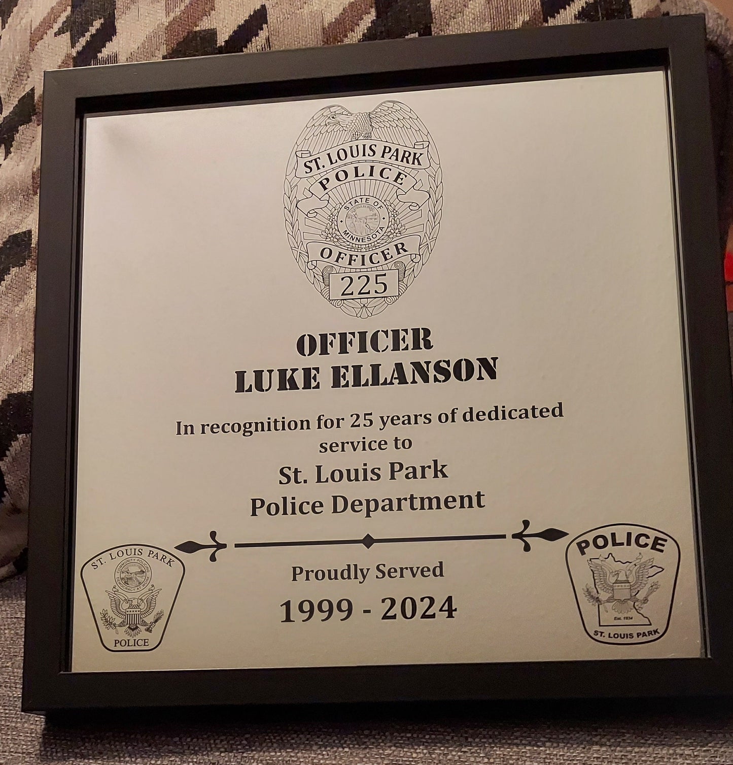 Custom Police Officer or K9 designed laser engraved retirement plaque Law Enforcement, Sheriff Deputy, Trooper, Patrol Officer, 12x12 Framed