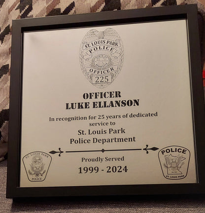 Custom Police Officer or K9 designed laser engraved retirement plaque Law Enforcement, Sheriff Deputy, Trooper, Patrol Officer, 12x12 Framed