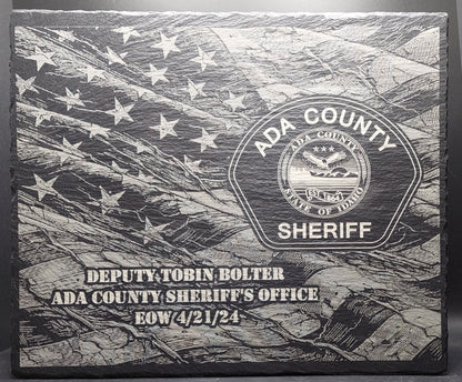 Custom Police Officer designed laser engraved slate 12x10 memorial plaque - Tattered Flag,  Law Enforcement Memorial Plaque, Sheriff Deputy