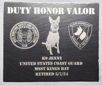 Custom Military designed laser engraved slate 12x10 service plaque - Army, Marine, Navy, Coast Guard, National Guard, Veteran Plaque, K9