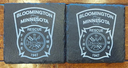 Custom Firefighter laser engraved slate coaster set - Fireman, Firefighter, Fire Maltese, Fire Department Patch, Badge - (Set of 4)