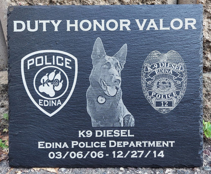 Custom designed Law Enforcement K9 laser engraved slate 12x10 memorial or retirement plaque - Police K9, K9 Memorial Plaque, K9 Retirement