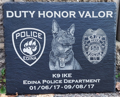 Custom designed Law Enforcement K9 laser engraved slate 12x10 memorial or retirement plaque - Police K9, K9 Memorial Plaque, K9 Retirement