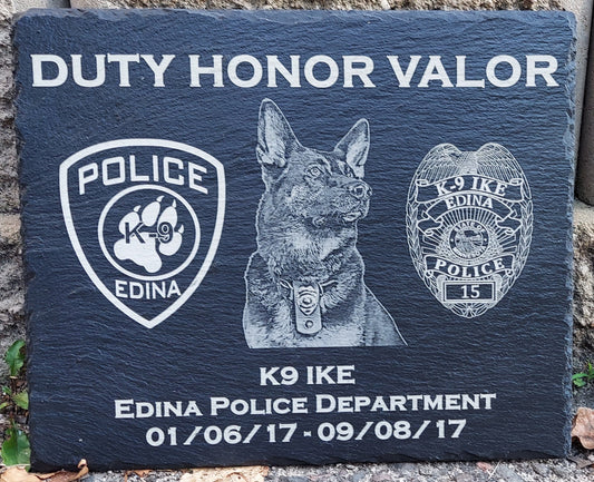Custom designed Law Enforcement K9 laser engraved slate 12x10 memorial or retirement plaque - Police K9, K9 Memorial Plaque, K9 Retirement