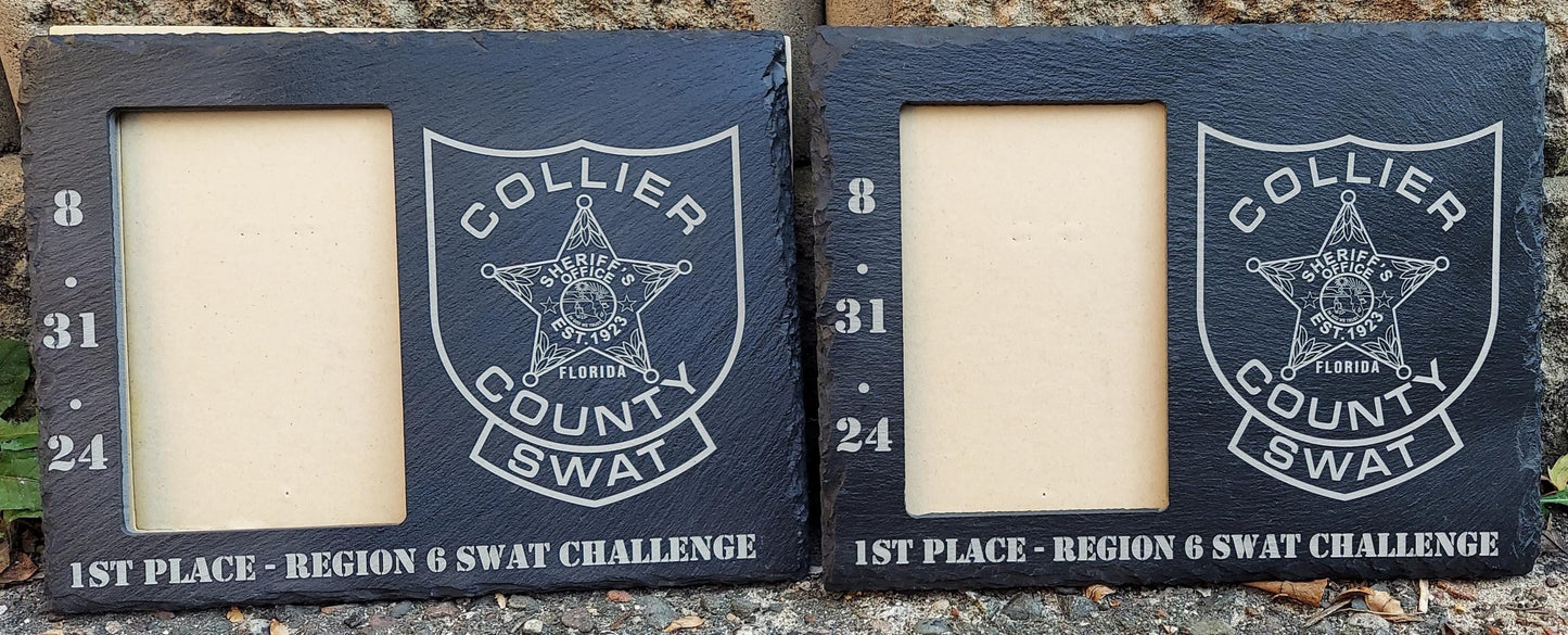 Custom Police Officer designed laser engraved slate frame - holds a 3"x5" photo - Law Enforcement Memorial Plaque, Sheriff Deputy, Trooper