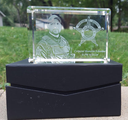 3D Crystal Police Firefighter EMS Engraved Photo Memorial | LED Base optional | Police Officer Trooper Deputy Paramedic Firefighter