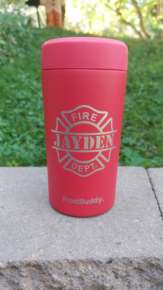 Custom Engraved Frost Buddy Universal Buddy 2.0 Can Cooler - Firefighter, Fireman, Fire, Fire Department, Badge, Patch, Fire Maltese