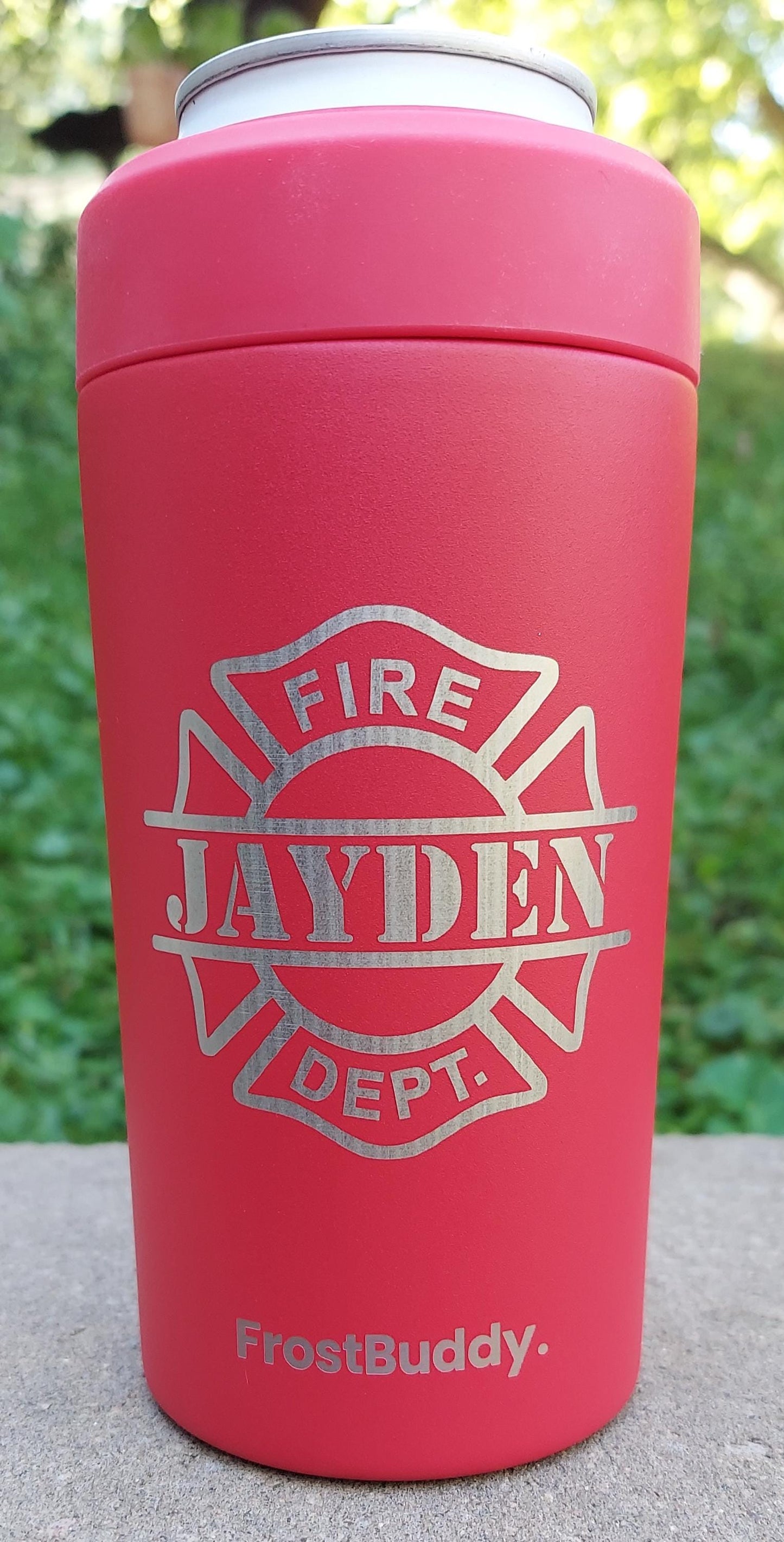 Custom Engraved Frost Buddy Universal Buddy 2.0 Can Cooler - Firefighter, Fireman, Fire, Fire Department, Badge, Patch, Fire Maltese