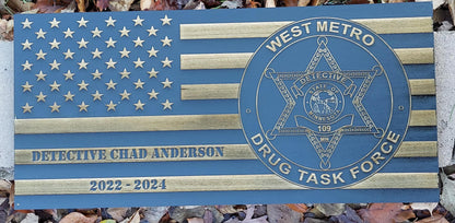 Distressed American Wood Flag Police Officer Badge Patch Law Enforcement Memorial Retirement, Plaque, Sheriff Deputy, 24"x11 1/4"x 3/4"